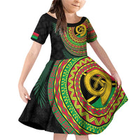 Vanuatu Tribal Tattoo with Namele Leaves Family Matching Off Shoulder Short Dress and Hawaiian Shirt LT03 Daughter's Dress Black - Polynesian Pride