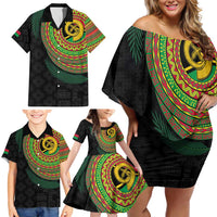 Vanuatu Tribal Tattoo with Namele Leaves Family Matching Off Shoulder Short Dress and Hawaiian Shirt LT03 - Polynesian Pride