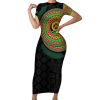 Vanuatu Tribal Tattoo with Namele Leaves Family Matching Short Sleeve Bodycon Dress and Hawaiian Shirt LT03 Mom's Dress Black - Polynesian Pride