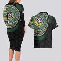 Torba Tribal Tattoo with Namele Leaves Couples Matching Long Sleeve Bodycon Dress and Hawaiian Shirt