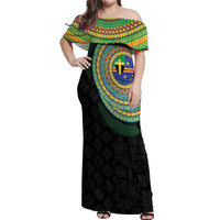 Tafea Tribal Tattoo with Namele Leaves Off Shoulder Maxi Dress