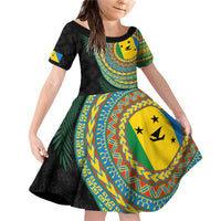 Malampa Tribal Tattoo with Namele Leaves Family Matching Off Shoulder Short Dress and Hawaiian Shirt LT03 Daughter's Dress Black - Polynesian Pride