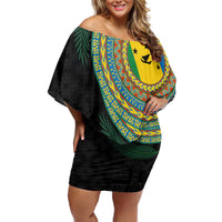 Malampa Tribal Tattoo with Namele Leaves Family Matching Off Shoulder Short Dress and Hawaiian Shirt LT03 Mom's Dress Black - Polynesian Pride