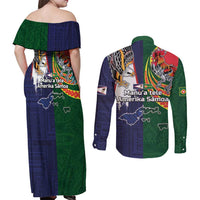 Manuʻa Islands and American Samoa Together Couples Matching Off Shoulder Maxi Dress and Long Sleeve Button Shirt Rooster and Eagle Mascot National Map and Flag Style