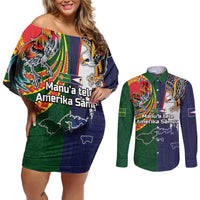Manuʻa Islands and American Samoa Together Couples Matching Off Shoulder Short Dress and Long Sleeve Button Shirt Rooster and Eagle Mascot National Map and Flag Style