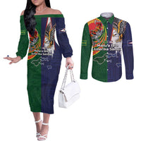 Manuʻa Islands and American Samoa Together Couples Matching Off The Shoulder Long Sleeve Dress and Long Sleeve Button Shirt Rooster and Eagle Mascot National Map and Flag Style