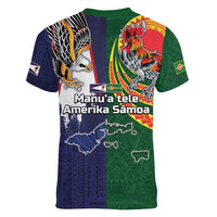 Manuʻa Islands and American Samoa Together Women V-Neck T-Shirt Rooster and Eagle Mascot National Map and Flag Style