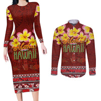 Aloha Plumeria Flowers Couples Matching Long Sleeve Bodycon Dress and Long Sleeve Button Shirt With Hawaiian Style Tapa Tribal