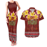 Aloha Plumeria Flowers Couples Matching Tank Maxi Dress and Hawaiian Shirt With Hawaiian Style Tapa Tribal