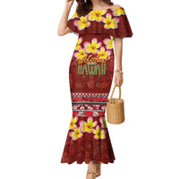 Aloha Plumeria Flowers Family Matching Mermaid Dress and Hawaiian Shirt With Hawaiian Style Tapa Tribal LT03 Mom's Dress Red - Polynesian Pride