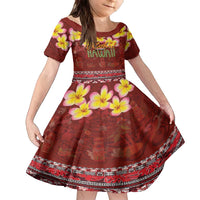 Aloha Plumeria Flowers Family Matching Off The Shoulder Long Sleeve Dress and Hawaiian Shirt With Hawaiian Style Tapa Tribal LT03 Daughter's Dress Red - Polynesian Pride