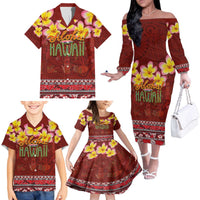 Aloha Plumeria Flowers Family Matching Off The Shoulder Long Sleeve Dress and Hawaiian Shirt With Hawaiian Style Tapa Tribal LT03 - Polynesian Pride