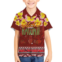 Aloha Plumeria Flowers Family Matching Off The Shoulder Long Sleeve Dress and Hawaiian Shirt With Hawaiian Style Tapa Tribal LT03 Son's Shirt Red - Polynesian Pride