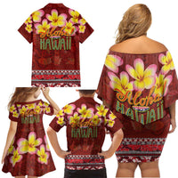 Aloha Plumeria Flowers Family Matching Off Shoulder Short Dress and Hawaiian Shirt With Hawaiian Style Tapa Tribal LT03 - Polynesian Pride