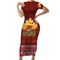 Aloha Plumeria Flowers Family Matching Short Sleeve Bodycon Dress and Hawaiian Shirt With Hawaiian Style Tapa Tribal LT03 Mom's Dress Red - Polynesian Pride
