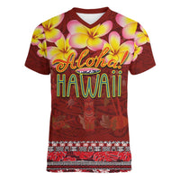 Aloha Plumeria Flowers Women V-Neck T-Shirt With Hawaiian Style Tapa Tribal