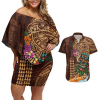 Hawaiian Tiki Mask Surfing Kakau Pattern Couples Matching Off Shoulder Short Dress and Hawaiian Shirt
