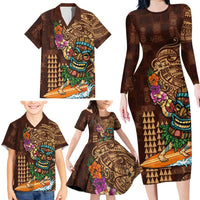 Hawaiian Tiki Mask Surfing Kakau Pattern Family Matching Long Sleeve Bodycon Dress and Hawaiian Shirt LT03 - Polynesian Pride