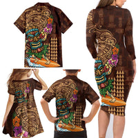 Hawaiian Tiki Mask Surfing Kakau Pattern Family Matching Long Sleeve Bodycon Dress and Hawaiian Shirt LT03 - Polynesian Pride