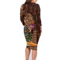 Hawaiian Tiki Mask Surfing Kakau Pattern Family Matching Long Sleeve Bodycon Dress and Hawaiian Shirt LT03 - Polynesian Pride