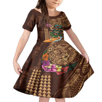 Hawaiian Tiki Mask Surfing Kakau Pattern Family Matching Off The Shoulder Long Sleeve Dress and Hawaiian Shirt LT03 Daughter's Dress Brown - Polynesian Pride