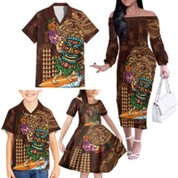 Hawaiian Tiki Mask Surfing Kakau Pattern Family Matching Off The Shoulder Long Sleeve Dress and Hawaiian Shirt LT03 - Polynesian Pride