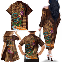 Hawaiian Tiki Mask Surfing Kakau Pattern Family Matching Off The Shoulder Long Sleeve Dress and Hawaiian Shirt LT03 - Polynesian Pride