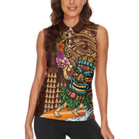 Hawaiian Tiki Mask Surfing Kakau Pattern Women Sleeveless Polo Shirt