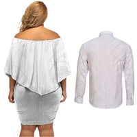 Niue White Sunday Couples Matching Off Shoulder Short Dress and Long Sleeve Button Shirt Hiapo Tribal Art Tattoos - Polynesian Pride