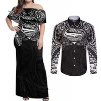 Super Samoan Traditional Tribal Art Tattoos Couples Matching Off Shoulder Maxi Dress and Long Sleeve Button Shirt Black Color - Polynesian Pride