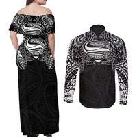 Super Samoan Traditional Tribal Art Tattoos Couples Matching Off Shoulder Maxi Dress and Long Sleeve Button Shirt Black Color - Polynesian Pride