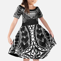 Super Samoan Traditional Tribal Art Tattoos Family Matching Short Sleeve Bodycon Dress and Hawaiian Shirt Black Color LT03 Daughter's Dress Black - Polynesian Pride