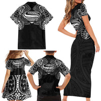 Super Samoan Traditional Tribal Art Tattoos Family Matching Short Sleeve Bodycon Dress and Hawaiian Shirt Black Color LT03 - Polynesian Pride