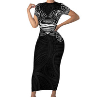Super Samoan Traditional Tribal Art Tattoos Family Matching Short Sleeve Bodycon Dress and Hawaiian Shirt Black Color LT03 Mom's Dress Black - Polynesian Pride