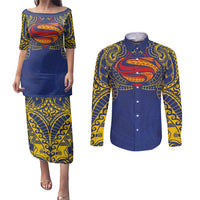 Super Samoan Traditional Tribal Art Tattoos Couples Matching Puletasi and Long Sleeve Button Shirt Blue Color - Polynesian Pride