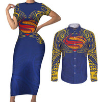 Super Samoan Traditional Tribal Art Tattoos Couples Matching Short Sleeve Bodycon Dress and Long Sleeve Button Shirt Blue Color - Polynesian Pride