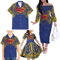Super Samoan Traditional Tribal Art Tattoos Family Matching Off The Shoulder Long Sleeve Dress and Hawaiian Shirt Blue Color LT03 - Polynesian Pride