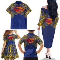 Super Samoan Traditional Tribal Art Tattoos Family Matching Off The Shoulder Long Sleeve Dress and Hawaiian Shirt Blue Color LT03 - Polynesian Pride