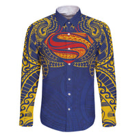 Super Samoan Traditional Tribal Art Tattoos Family Matching Off The Shoulder Long Sleeve Dress and Hawaiian Shirt Blue Color LT03 Dad's Shirt - Long Sleeve Blue - Polynesian Pride