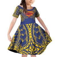 Super Samoan Traditional Tribal Art Tattoos Family Matching Off Shoulder Short Dress and Hawaiian Shirt Blue Color LT03 Daughter's Dress Blue - Polynesian Pride
