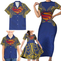 Super Samoan Traditional Tribal Art Tattoos Family Matching Short Sleeve Bodycon Dress and Hawaiian Shirt Blue Color LT03 - Polynesian Pride