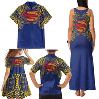 Super Samoan Traditional Tribal Art Tattoos Family Matching Tank Maxi Dress and Hawaiian Shirt Blue Color LT03 - Polynesian Pride