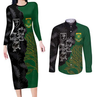 Custom Aotearoa South Africa Rugby Freedom Cup Couples Matching Long Sleeve Bodycon Dress and Long Sleeve Button Shirt Kiwi Warriors Haka with King Protea Symbol LT03 Green - Polynesian Pride