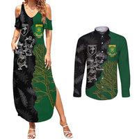 Custom Aotearoa South Africa Rugby Freedom Cup Couples Matching Summer Maxi Dress and Long Sleeve Button Shirt Kiwi Warriors Haka with King Protea Symbol LT03 Green - Polynesian Pride