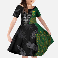 Custom Aotearoa South Africa Rugby Freedom Cup Family Matching Off The Shoulder Long Sleeve Dress and Hawaiian Shirt Kiwi Warriors Haka with King Protea Symbol LT03 Daughter's Dress Green - Polynesian Pride