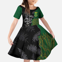 Custom Aotearoa South Africa Rugby Freedom Cup Family Matching Off Shoulder Maxi Dress and Hawaiian Shirt Kiwi Warriors Haka with King Protea Symbol LT03 Daughter's Dress Green - Polynesian Pride