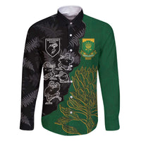 Custom Aotearoa South Africa Rugby Freedom Cup Family Matching Off Shoulder Maxi Dress and Hawaiian Shirt Kiwi Warriors Haka with King Protea Symbol LT03 Dad's Shirt - Long Sleeve Green - Polynesian Pride