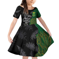 Custom Aotearoa South Africa Rugby Freedom Cup Family Matching Off Shoulder Short Dress and Hawaiian Shirt Kiwi Warriors Haka with King Protea Symbol LT03 Daughter's Dress Green - Polynesian Pride