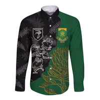 Custom Aotearoa South Africa Rugby Freedom Cup Long Sleeve Button Shirt Kiwi Warriors Haka with King Protea Symbol LT03 Unisex Green - Polynesian Pride