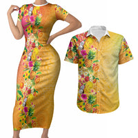 Hawaiian Tropical Fruits and Plants Couples Matching Short Sleeve Bodycon Dress and Hawaiian Shirt Kakau Pattern Summer Vibe